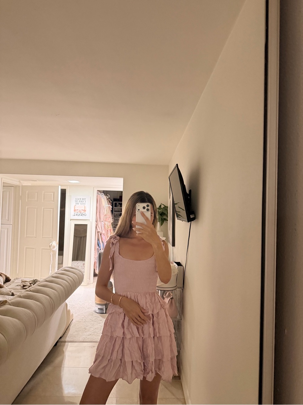 Light Pink Ruffle Tiered Mini Dress with Tie Straps Olivaceous